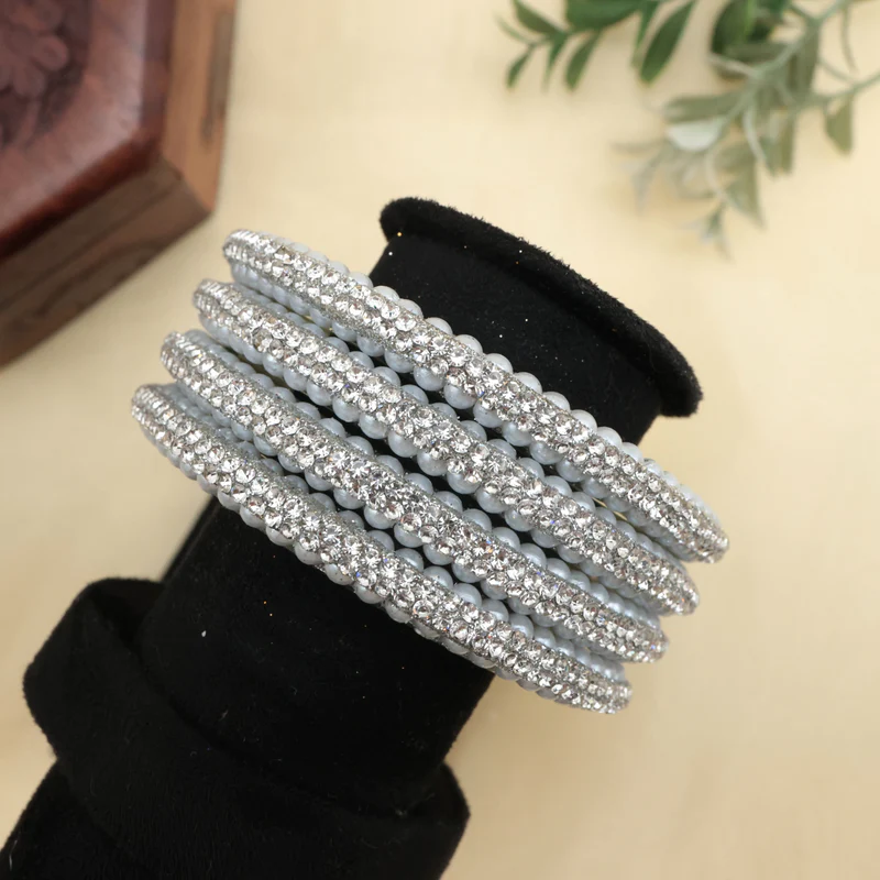 Set of 4 Pearl Stone Work Silver Glass Bangles